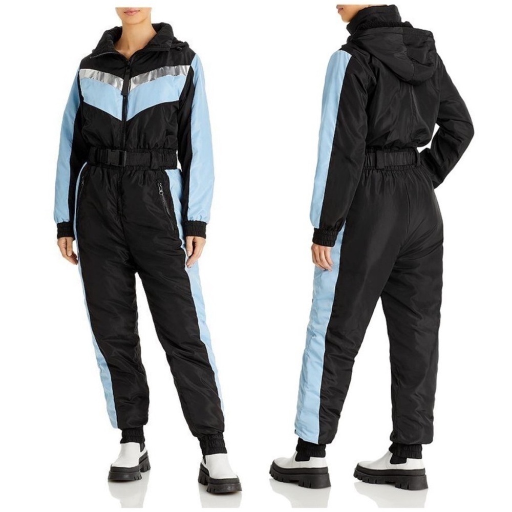 Aqua Colorblock Hooded Zip Ski Suit Blue Black Size S